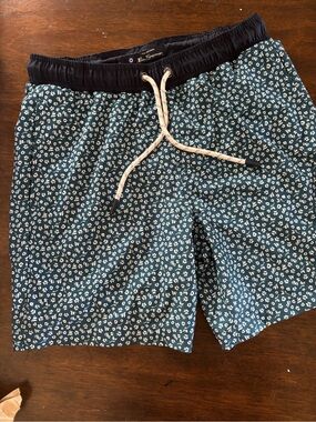 Ben Sherman Teal Blue Floral Swim Trunks with Black Waistband